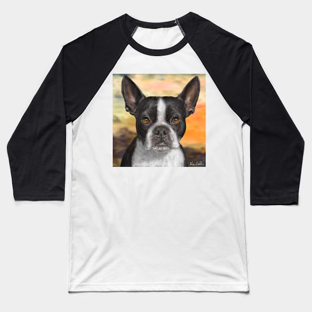 Painting of a Black and White Boston Terrier, with Orange Background Baseball T-Shirt by ibadishi